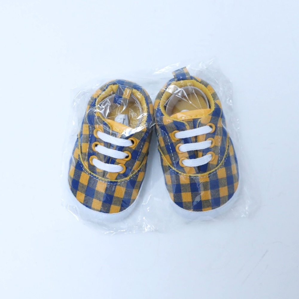 Baby Toddler Shoes Yellow Blue check plaid gingham 6-12 Walking Boot Infant New